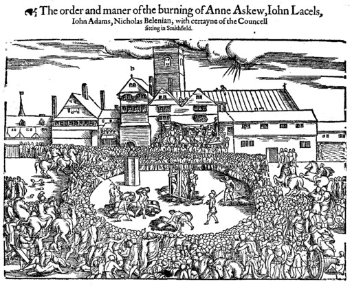 Woodcut of the burning of Anne Askew at Smithfield in 1546